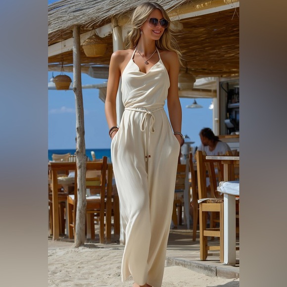 Cowl Tie Back Cream Backless Belted Jumpsuit